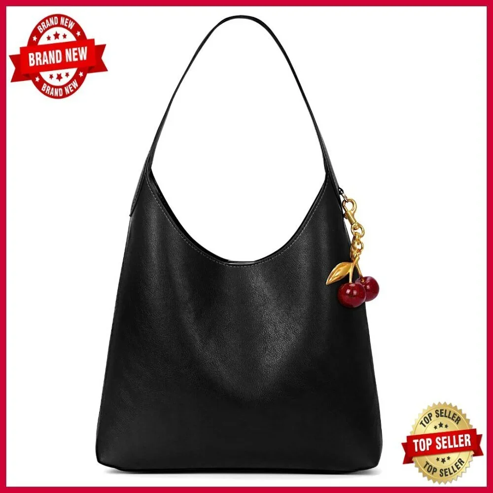 Medium Vegan Leather Hobo Shoulder Bag with Cherry Charm Slouchy Tote